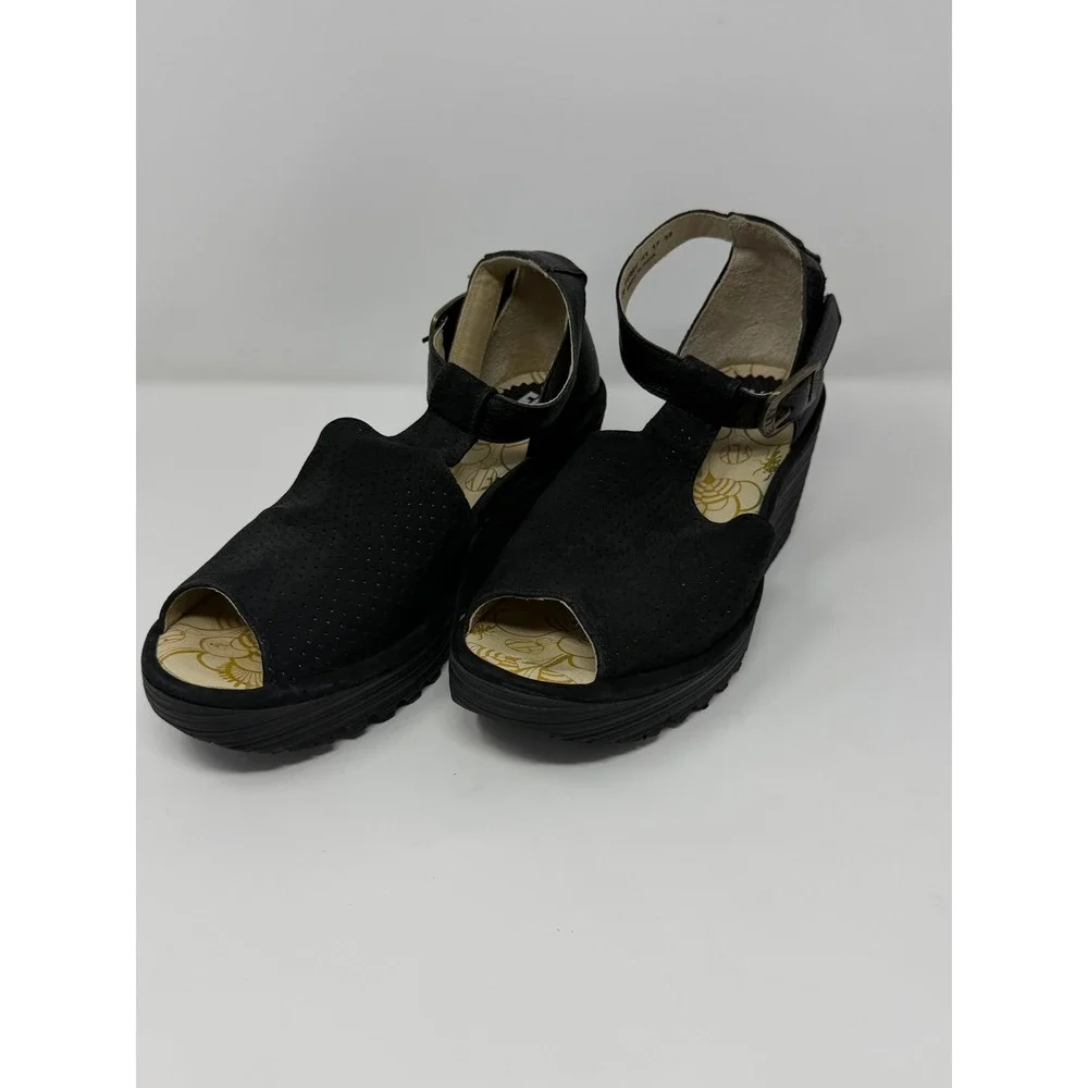 Fly London Yoff Perforated Wedge Platform Sandal Black Leather Women Size 39